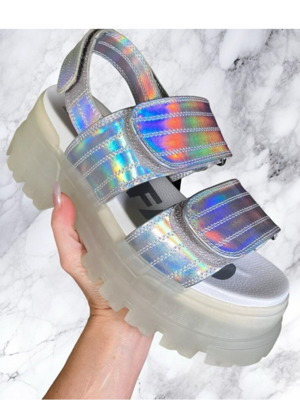 Dolls Kill Buffalo Transparent Iridescent Metallic Velcro Aspha SND Sandals 40